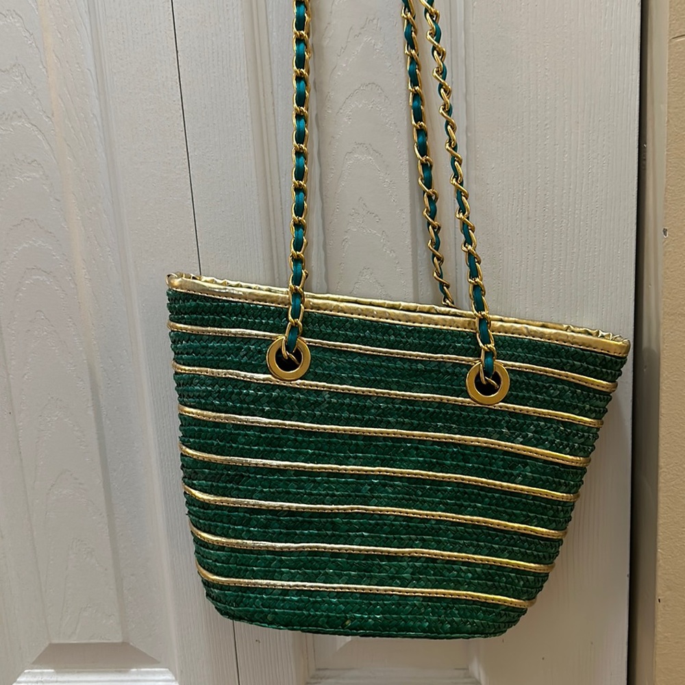Vtg Warren Reed green and gold basket shoulder bag